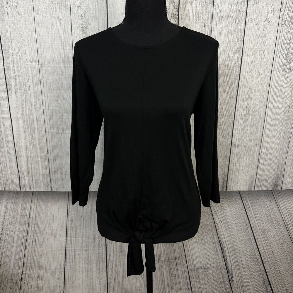 NWT J.Jill Women's Small Black Cotton Blend 3/4 Sleeve Tie Waist Blouse Top